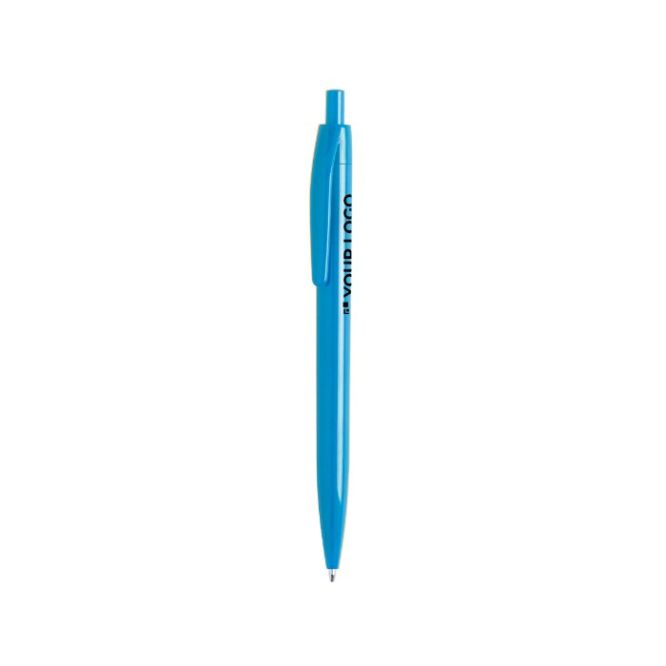 Bolígrafo de plástico en color con acabado brillante, pulsador y tinta azul