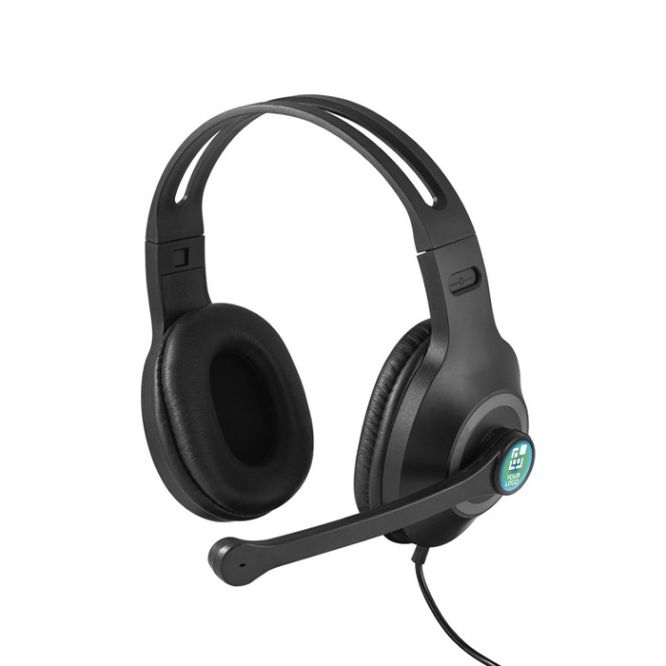 Auriculares de diadema ajustable con cable y micro lateral de color negro