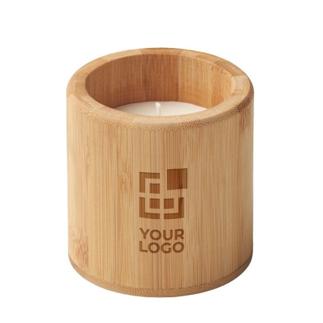 Vela de cera vegetal con aroma vainilla duración 30 horas color madera con logo