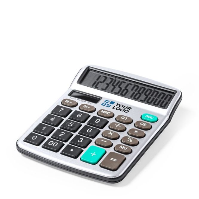 Calculadora con funcionamiento solar y a pila color gris de aluminio y plástico