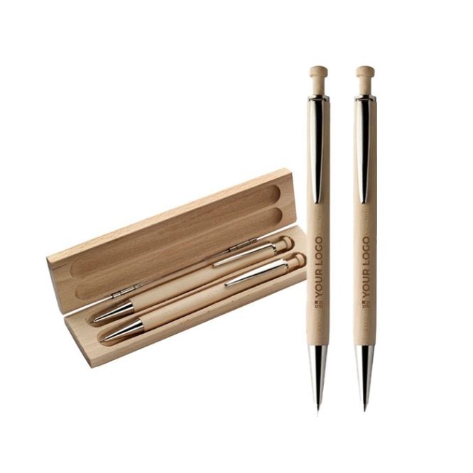 Set de escritura de madera con boli de tinta azul y portaminas