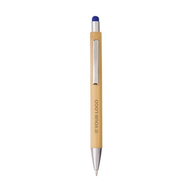 Bolígrafo de bambú y metal con puntero táctil de color tinta azul vista de impresión