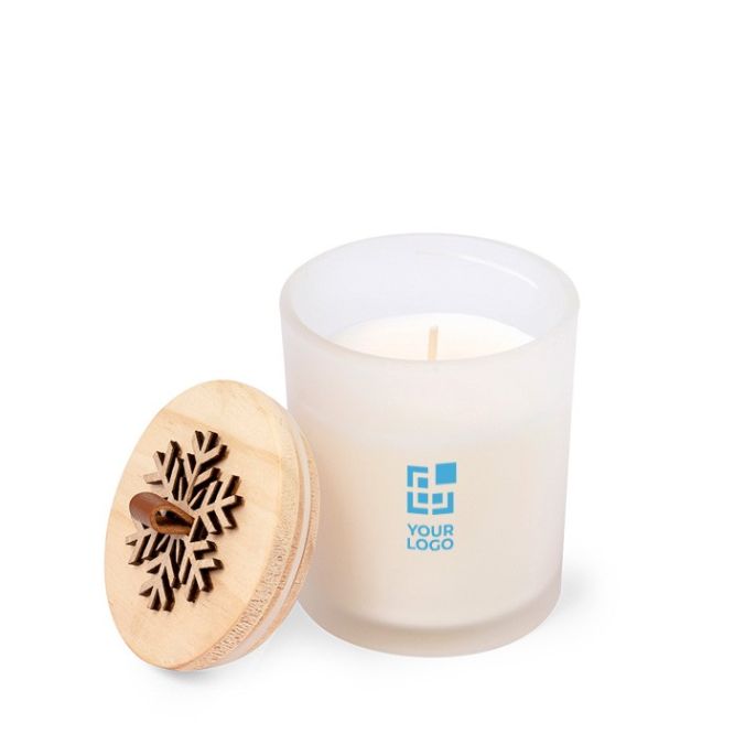 Vela aromática personalizada navideña con detalle de copo de nieve para publicidad