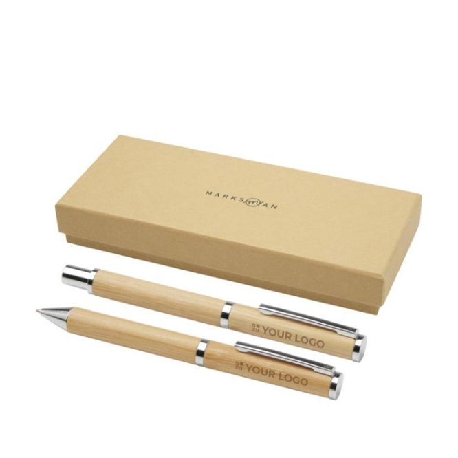 Set de escritura premium de bolígrafo y roller de bambú con detalles de cobre y tinta negra para regalar en eventos