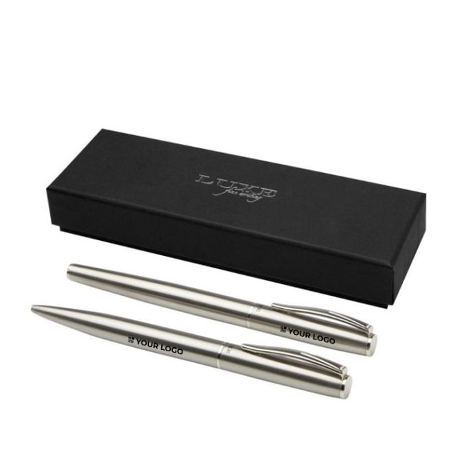 Set de escritura con bolígrafo y roller de acero inoxidable reciclado, tinta negra y acabado plateado para publicitar tu marca