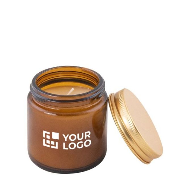 Vela corporativa con tapa dorada con fragancia de salvia de madera y sal marina color naranja