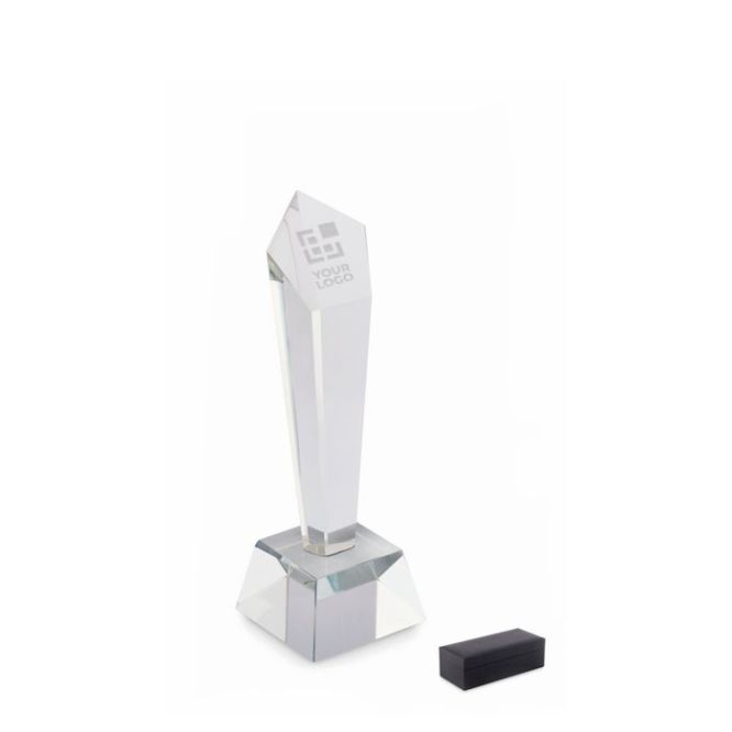 Trofeo de cristal en forma geométrica vertical en base de cristal vista de impresión