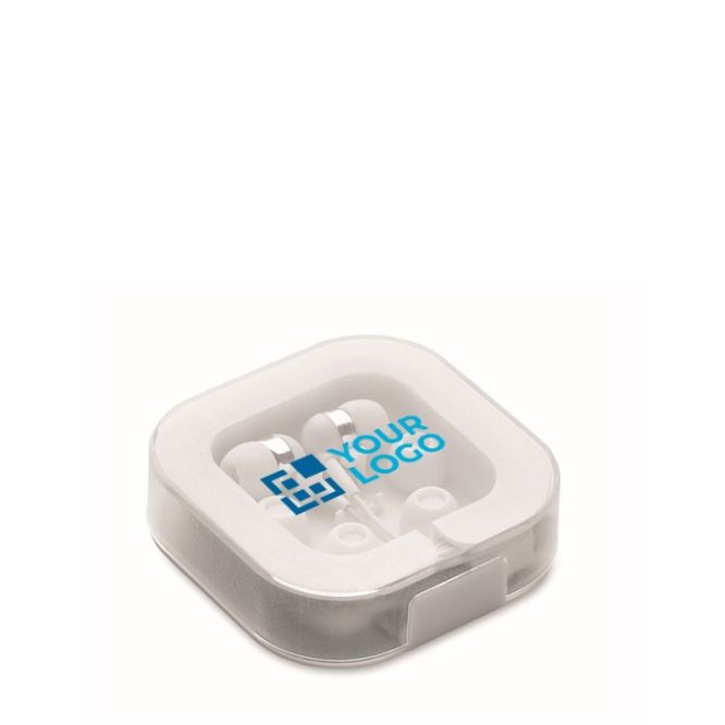 Auriculares con cable de color blanco con aislante de ruido en una caja con soporte para móvil
