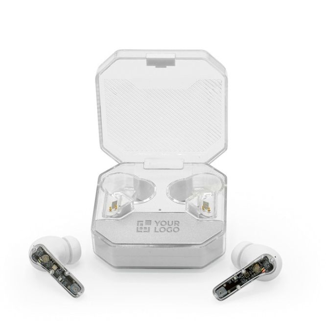 Auriculares transparentes con controladores de altavoz alargados en caja de carga cuadrada
