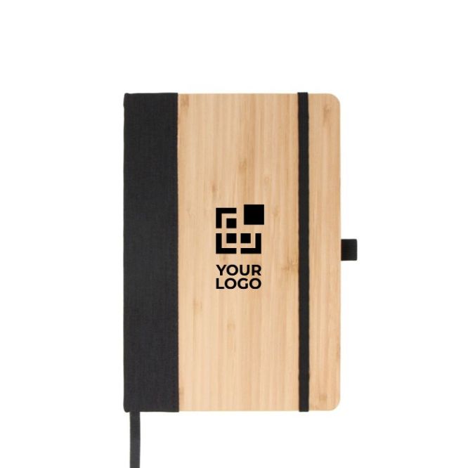 Cuaderno con tapa de bambú con borde vertical y cinta negra A5 vista principal