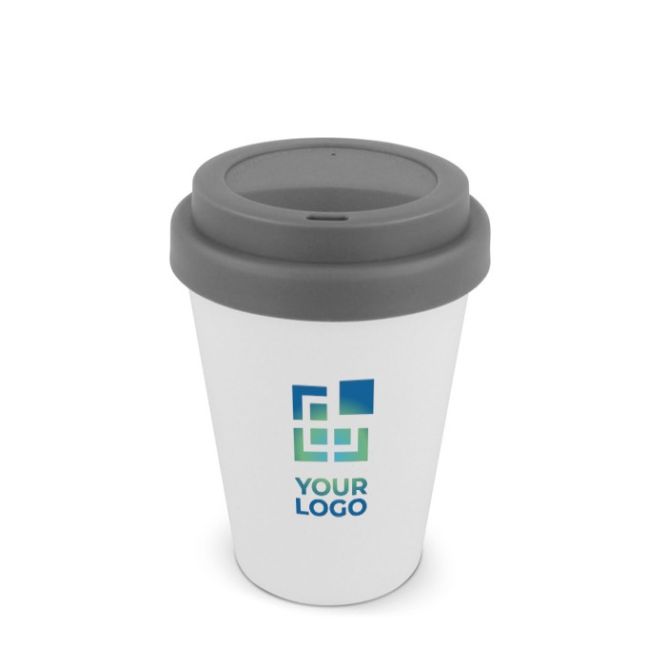 Vaso take away de plástico reciclado con tapa de vivos colores 250ml