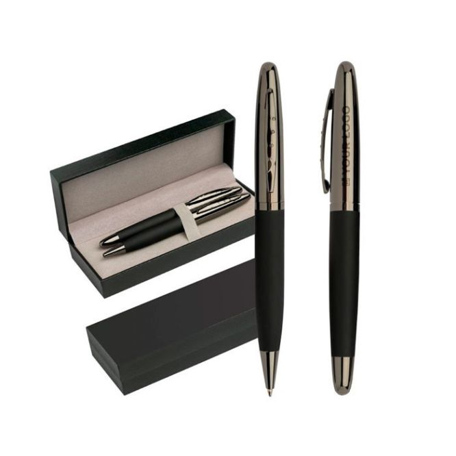 Set de escritura con bolígrafo y roller de metal de acabado gris oscuro y con tacto de goma y tinta azul para regalos empresariales
