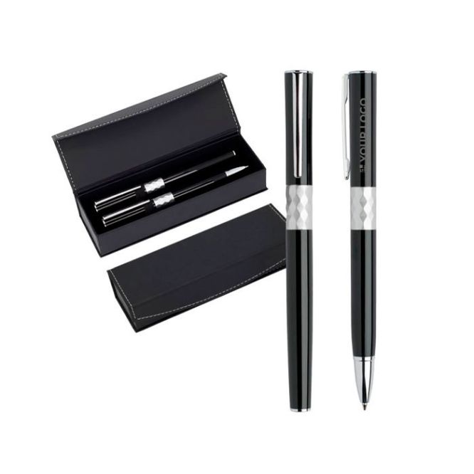 Set de bolígrafo y roller de metal de color negro y detalles plateados de diseño con caja tinta negra para oficinas