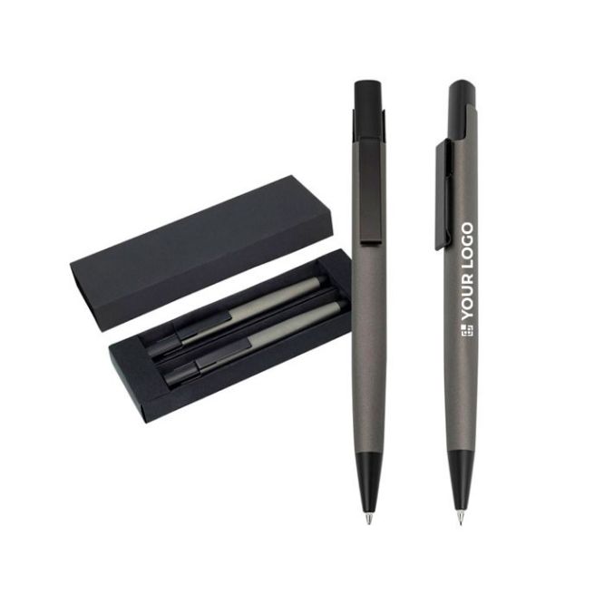 Set de bolígrafo y portaminas de aluminio con estuche tinta negra