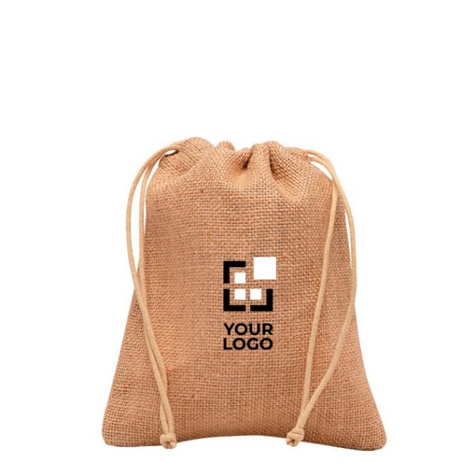 Bolsa pequeña de yute en color natural con dos cuerdas de lazos