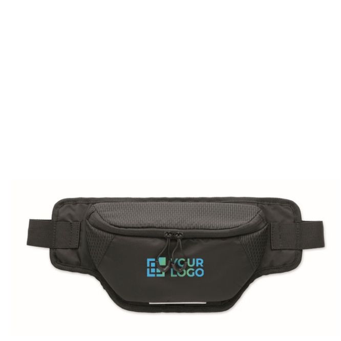 Riñonera de nylon resistente al agua con parte trasera ventilada color negro vista de impresión