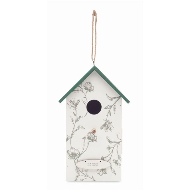Casa colgable de madera para pájaros con estampado floral