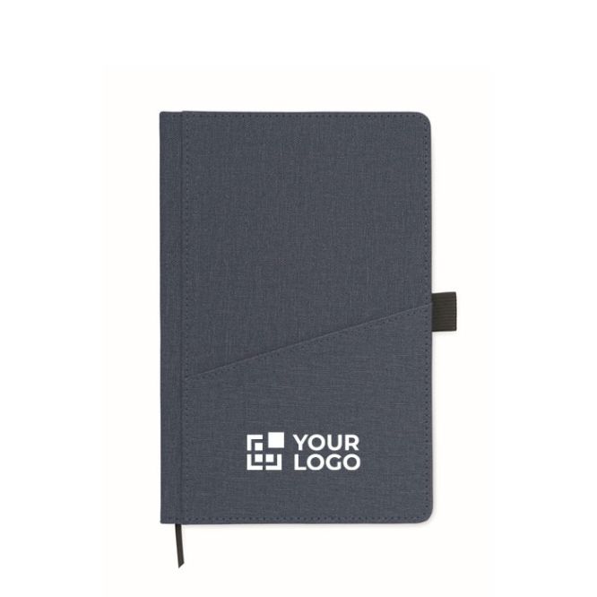 Libreta de PU de tapa rígida con bolsillo frontal para teléfono A5 color azul vista de impresión