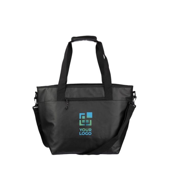 Bolsa térmica de poliéster con cierre de velcro y correa de hombro color negro vista de impresión