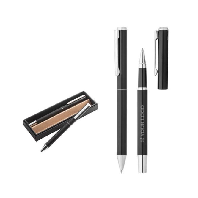 Set de bolígrafo y roller de aluminio reciclado tinta azul y negra