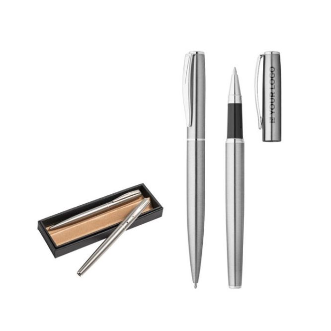 Set de escritura de bolígrafo y roller de acero inoxidable reciclado de color plateado mate con tapón y tinta negra