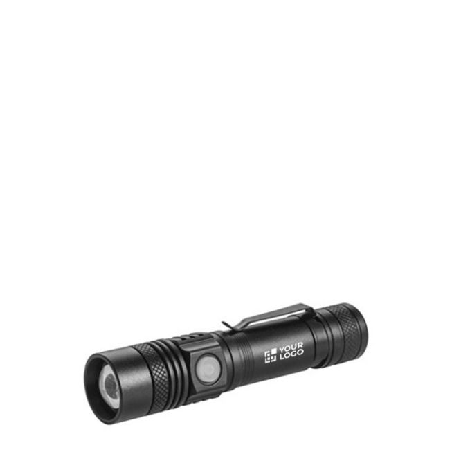 Linterna recargable de aluminio con 4 modos de iluminación y zoom vista principal