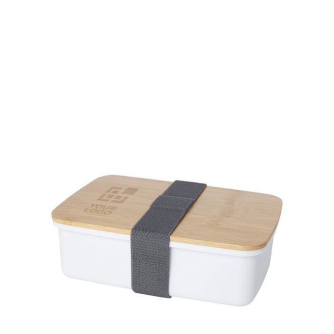 Fiambrera de plástico reciclado con tapa de bambú y banda elástica de color negro o blanco