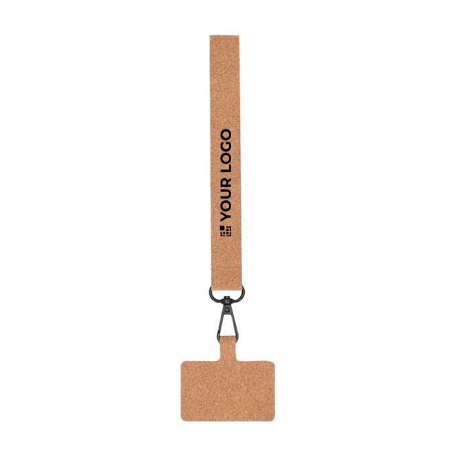 Lanyard muñequera para smartphone hecha de corcho y mosquetón negro vista principal