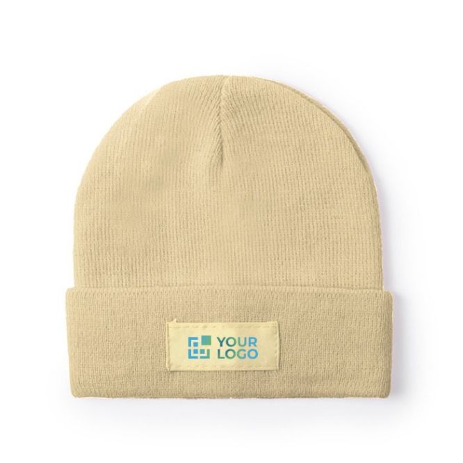 Gorro elástico para niños con dobladillo y etiqueta frontal para marcaje