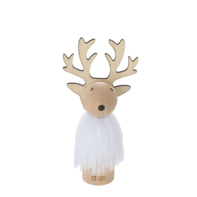 Adorno navideño de madera en forma de reno con pelaje blanco