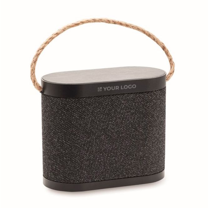 Altavoz negro inalámbrico con asa de transporte de yute 15W