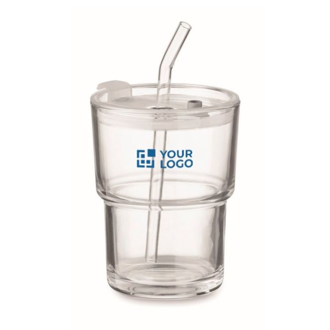 Vaso de cristal con tapa antigoteo y pajita de cristal 300ml