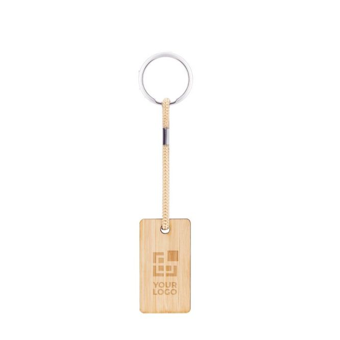 Llavero rectangular de bambú con cordón y anilla de metal