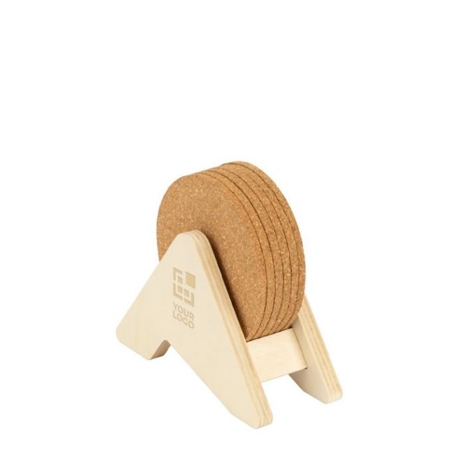 Soporte de madera contrachapada con 6 posavasos de corcho