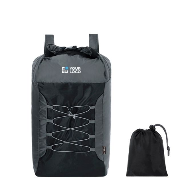 Mochila plegable de poliéster RPET con cordones elásticos al frente