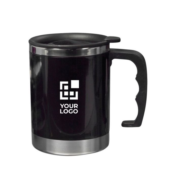 Taza térmica de acero inoxidable y tapa con cierre deslizante color negro vista de impresión