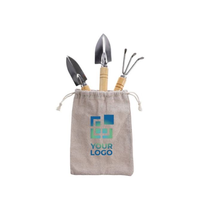 Bolsa de algodón con set de 3 herramientas para el jardín color caqui vista de impresión
