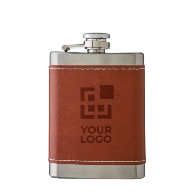 Petaca de acero inoxidable con funda de cuero marrón 100ml
