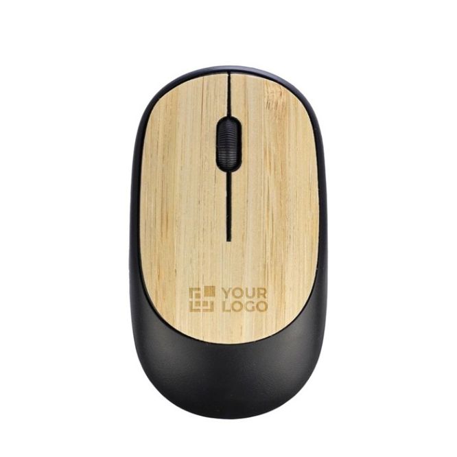 Ratón inalámbrico negro con detalles de bambú para personalizar
