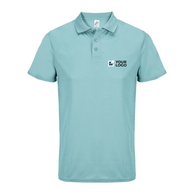 Polo deportivo de poliéster reciclado de manga corta y 3 botones color azul claro vista de impresión