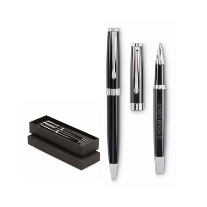 Set de bolígrafo tinta azul y roller tinta negra en estuche