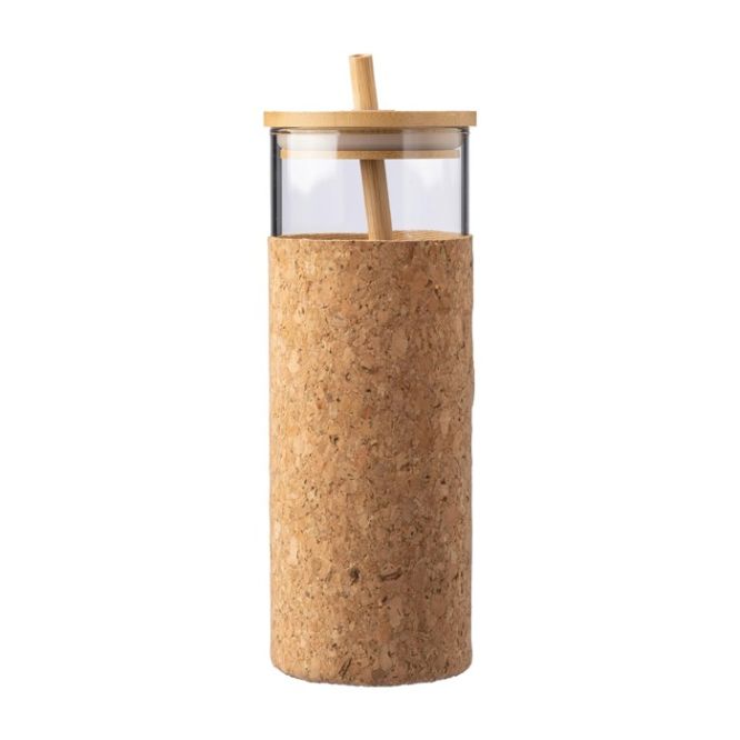 Vaso 450ml de vidrio con funda de corcho y tapa y pajita de bambú