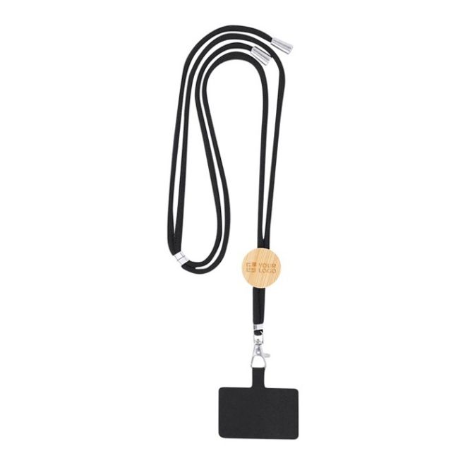 Lanyard con accesorio para llevar el móvil de RPET y detalle de bambú