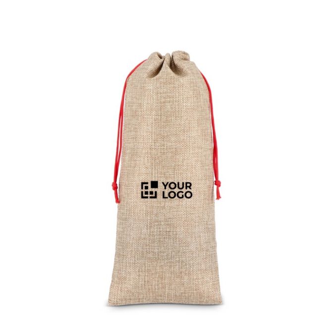 Bolsa de vino con diseño rústico de yute y cordón de cierre rojo