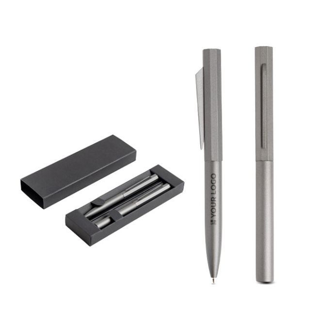 Set de bolígrafo y roller de aluminio con diseño hexagonal tinta negra