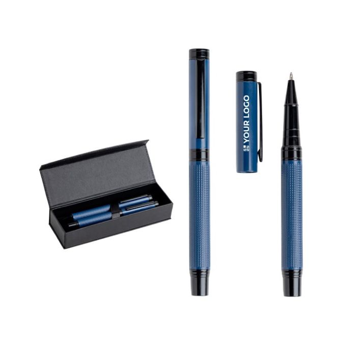 Set de bolígrafo y roller de acero y aluminio con relieve tinta negra