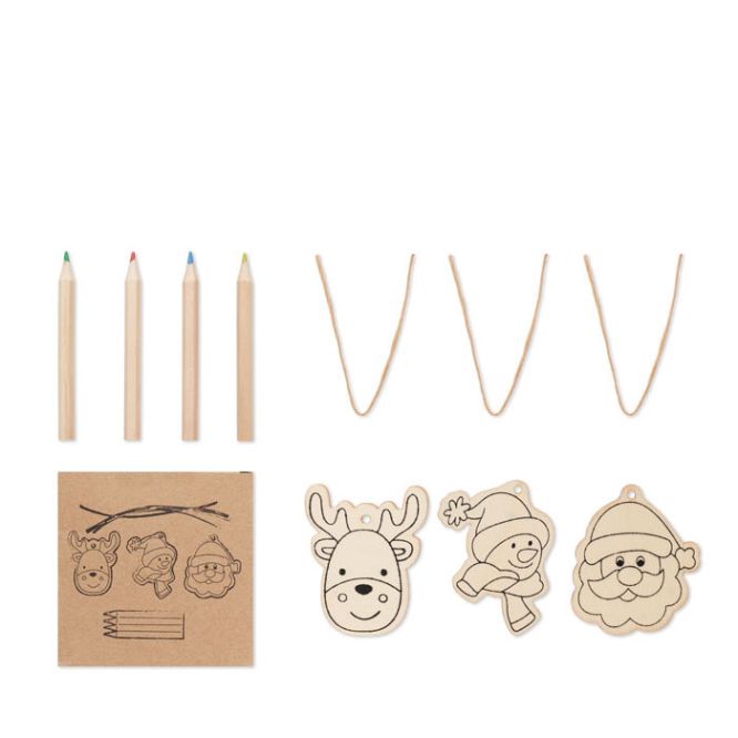 Set de 3 adornos navideños de madera y lápices presentados en caja vista principal