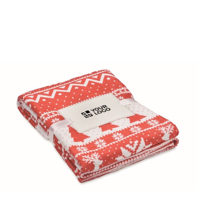 Manta polar de RPET con estampado navideño y tarjeta 190g/m2 color rojo vista de impresión
