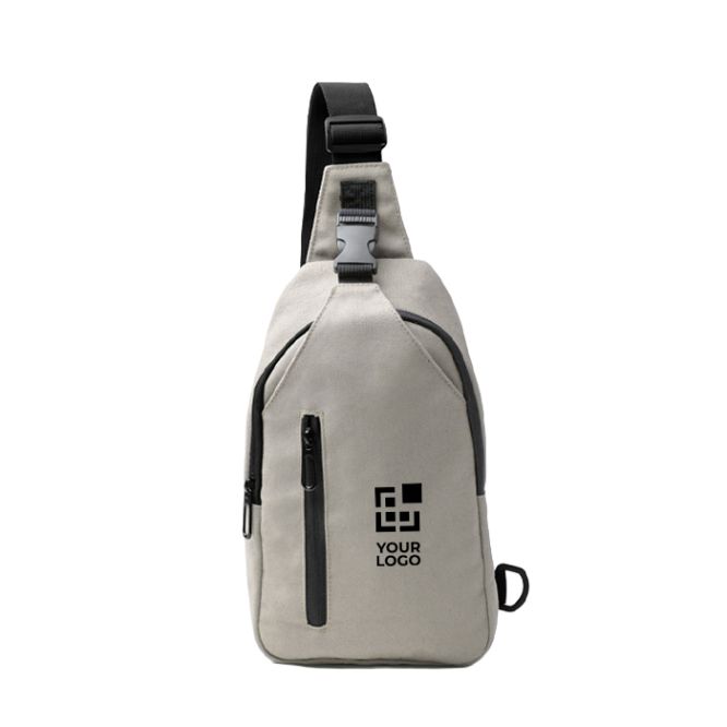 Bolsa bandolera en algodón reciclado con cremalleras, cinta ajustable y hebilla