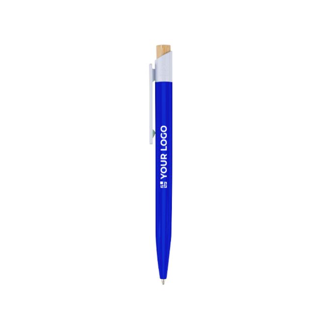 Bolígrafo de plástico con pulsador de bambú y clip blanco tinta azul